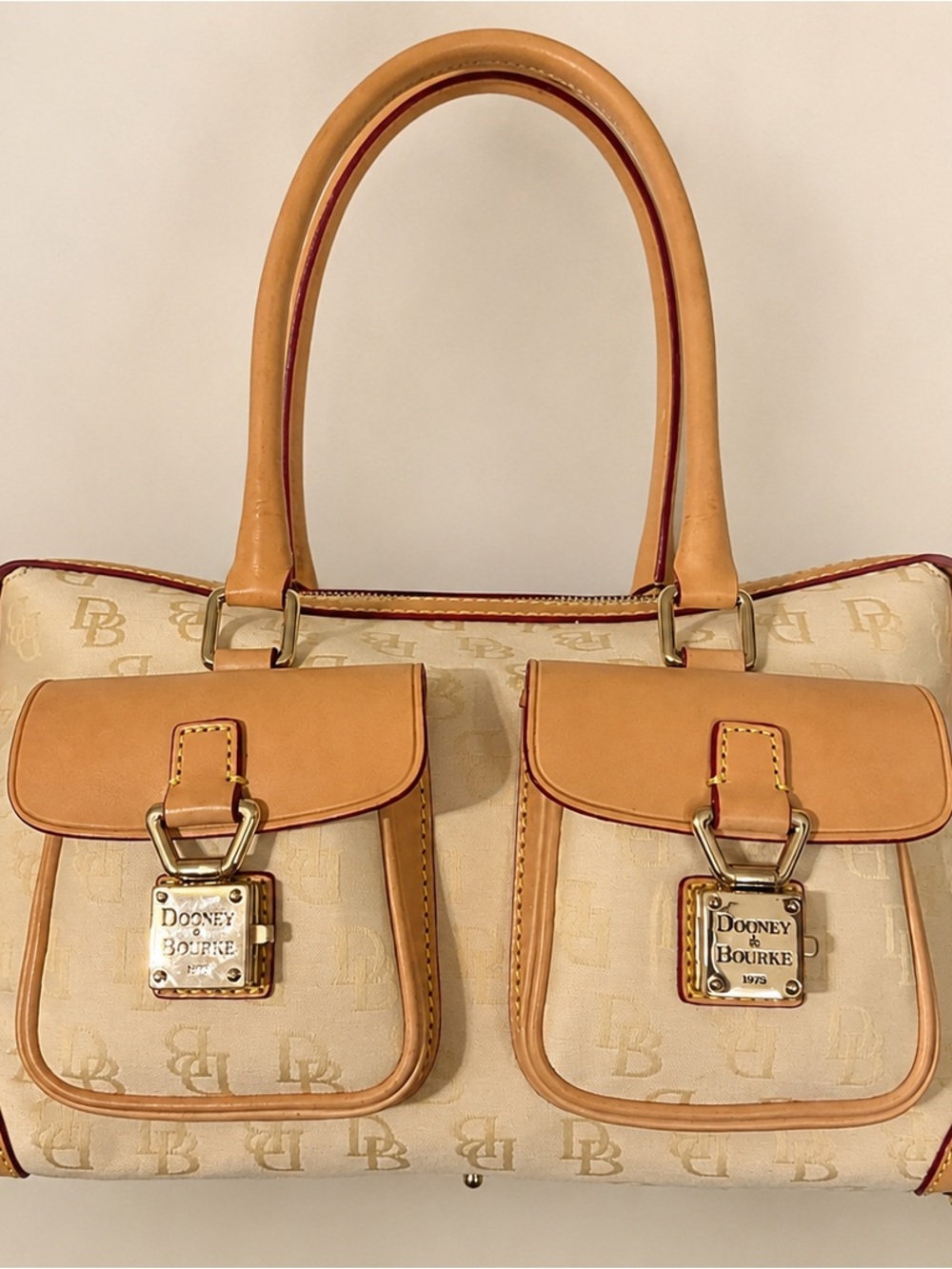 Dooney & Bourke Beige Logo Canvas Satchel with Tan Leather Trim